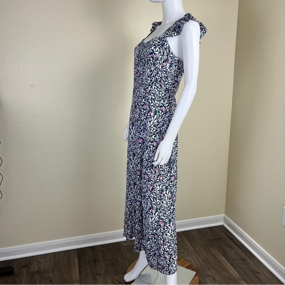 Loft Women’s Size 4 Blue Floral Bird Ruffle Strap Midi Dress Sleeveless Slit - Picture 6 of 15